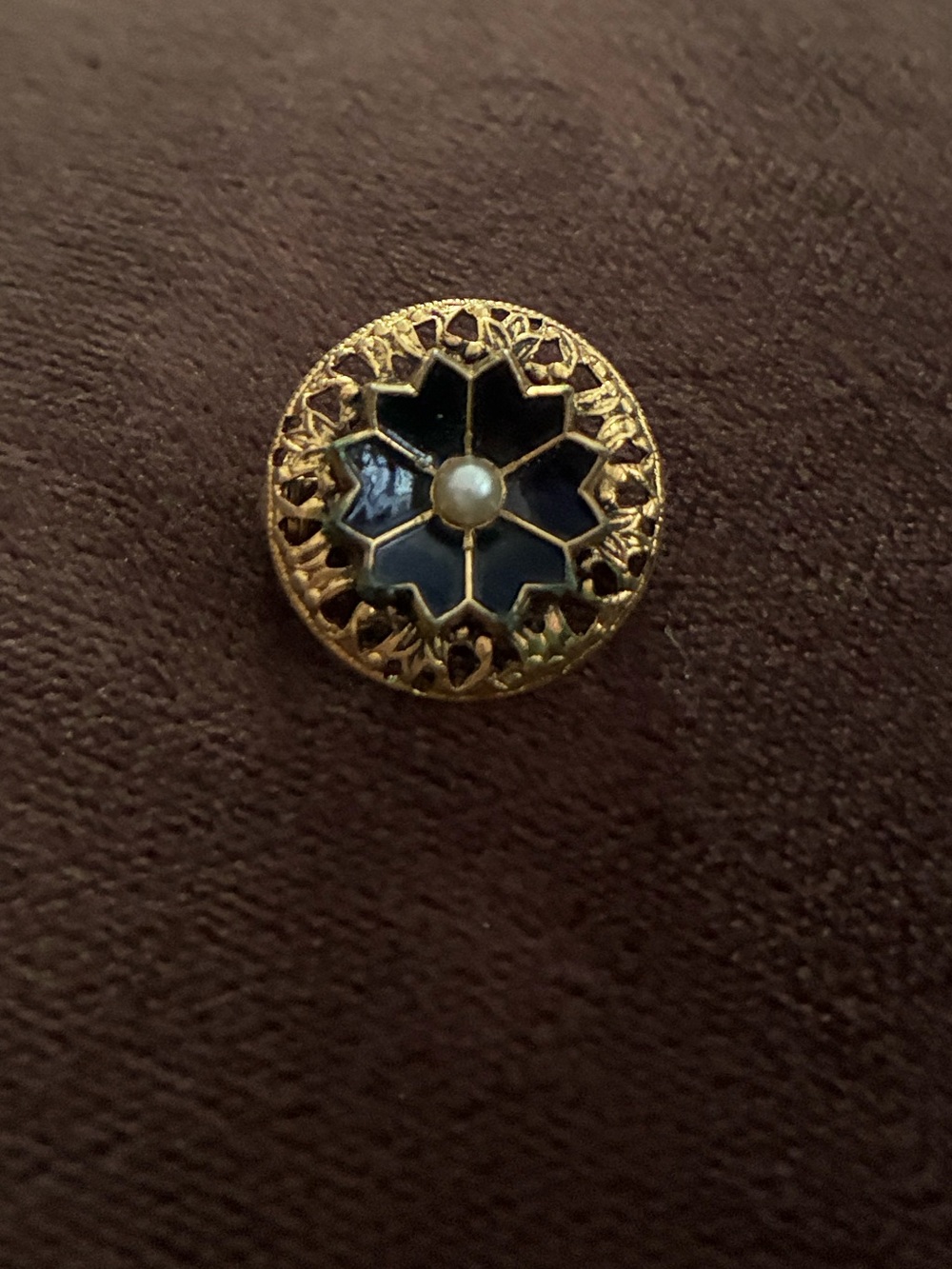Gold-Tone Floral Vintage Brooch with Navy Enamel and Pearl Accent